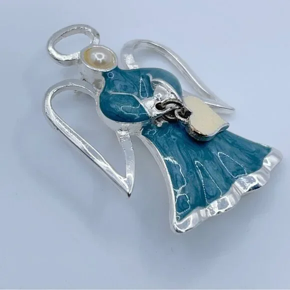 Angle Brooch Silver Tone Blue Swirl Enamel Heart Charm Faux Pearl Halo Wings - Picture 8 of 10